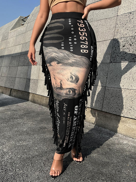 SXY Solid Notch Neck Crop Top & Dollar Print Skirt